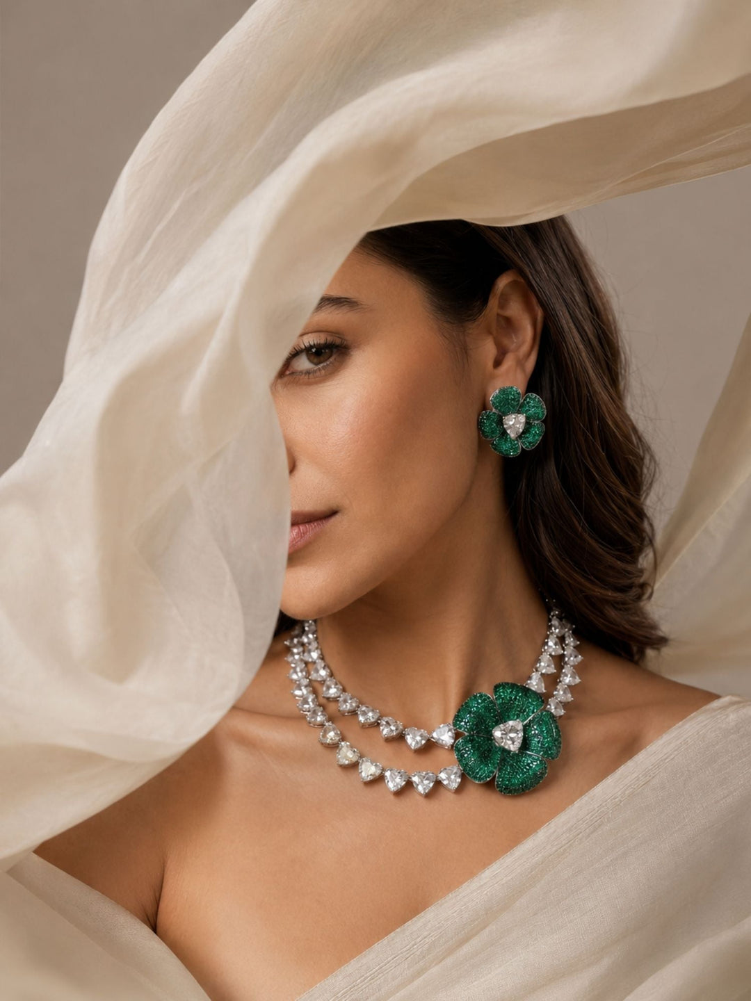 Emerald Bloom Floral Necklace Set with Crystal Petal Drops | SHOBITAM