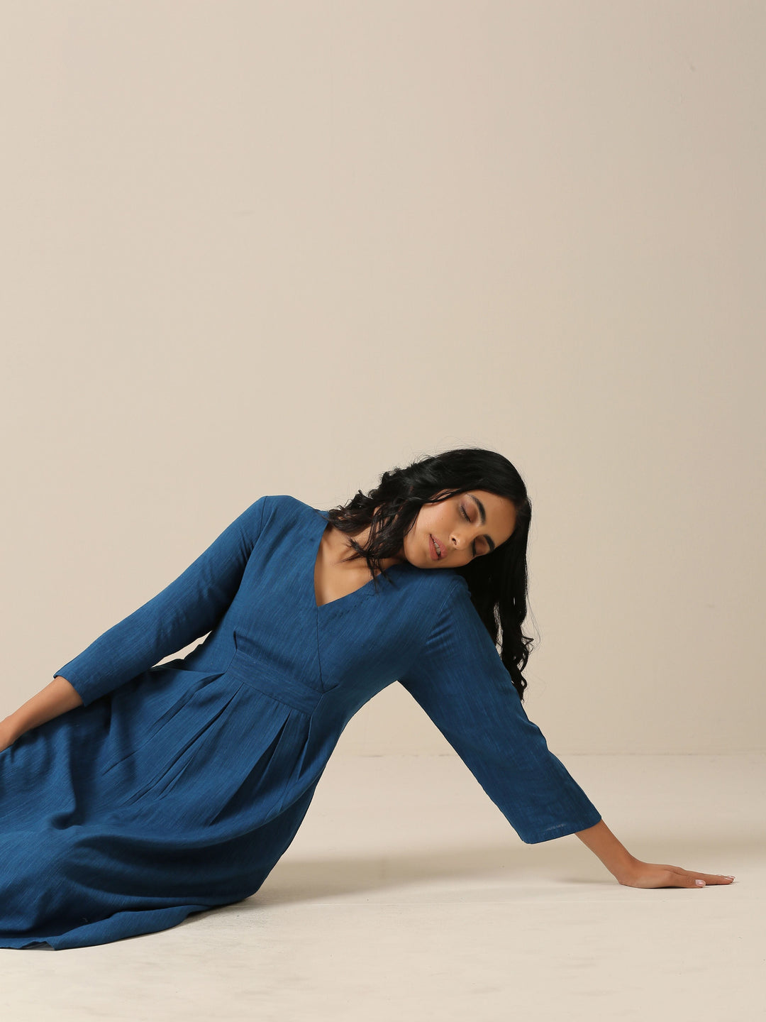 Classic Blue Slub Texture Overlap Pleat Kurta Pant Set  | SHOBITAM