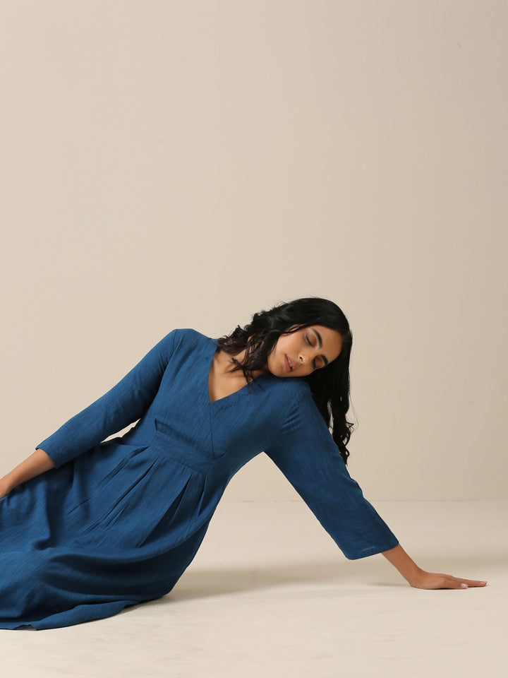 Classic Blue Slub Texture Overlap Pleat Kurta Pant Set  | SHOBITAM