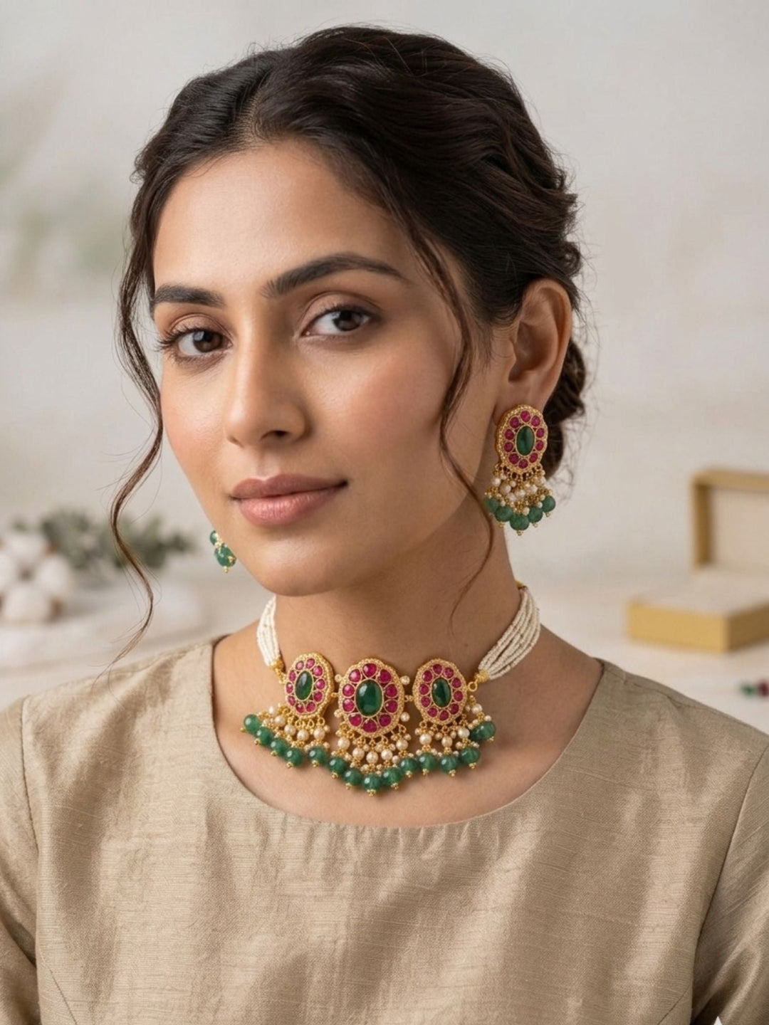 Gold Plated Emerald Pachi Kundan Necklace Set | SHOBITAM