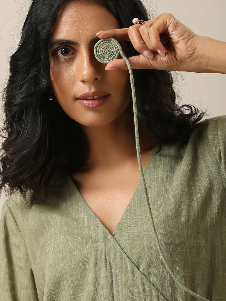 Sage Slub Texture Angrakha Pant Set | SHOBITAM