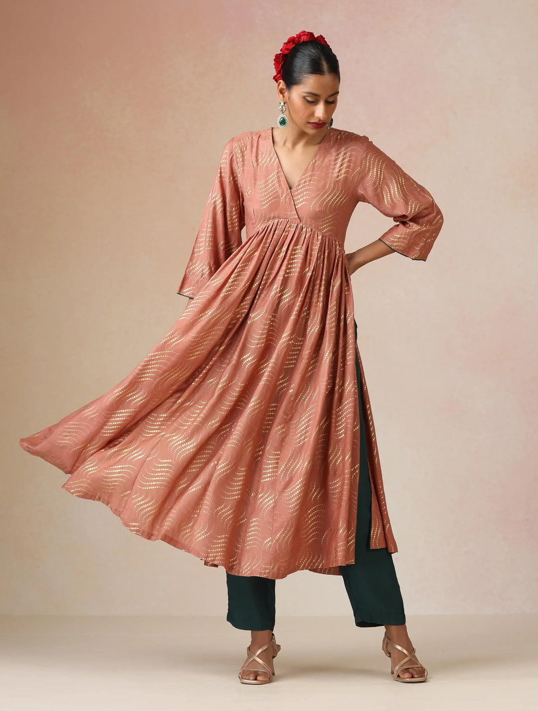 Peach Gold Foil Print Muslin Silk Anarkali High-Slit Kurta Set | SHOBITAM