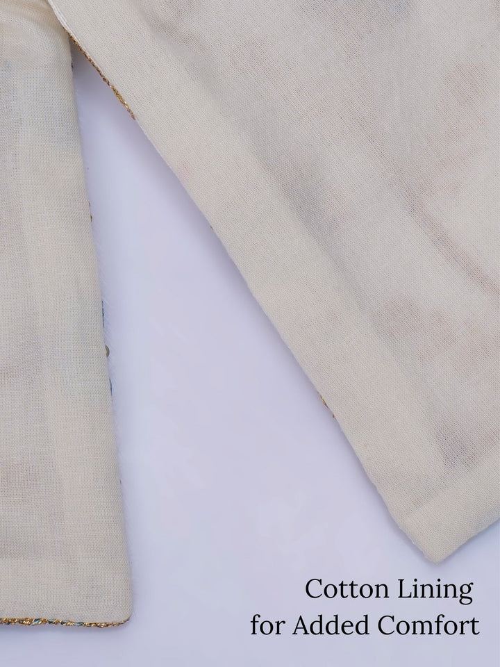 Boys Silk Brocade Full Sleeves Sherwani and Dhoti with Floral Embroidery & Kundan Buttons- Cream | SHOBITAM