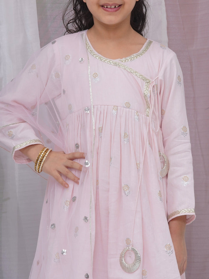 Girls Cotton Three Fourth Sleeves Angrakha Kurta with Pyjami and Net Dupatta with Floral Zari Work - Pink
