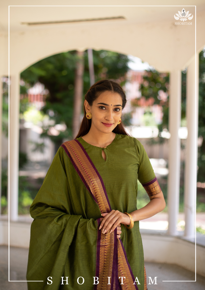 Meenakshi Green Kalyani cotton top and duppatta  | Shobitam Custom Gowns | Made To Order
