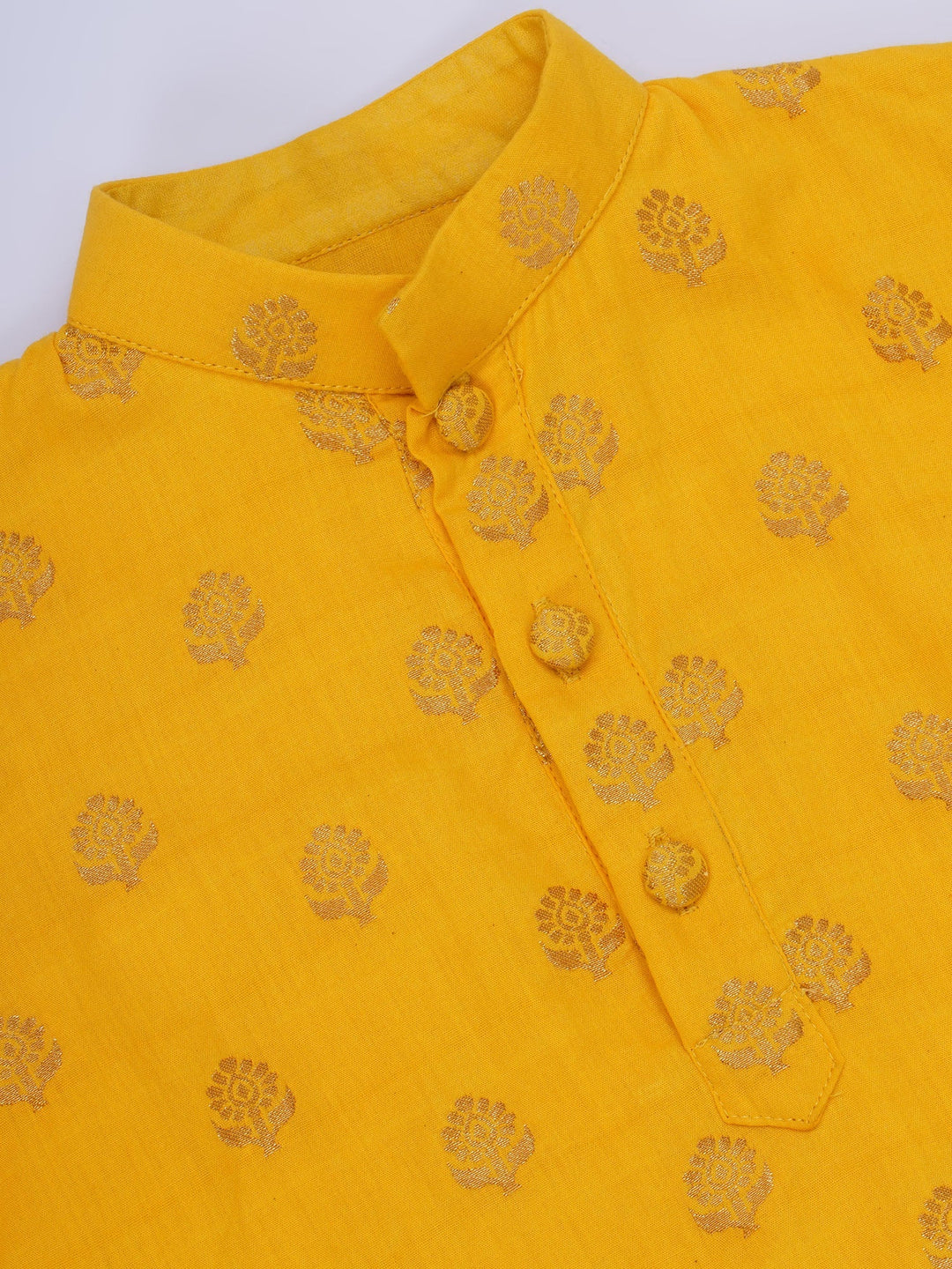 Boys Cotton Full Sleeves Kurta and Dhoti with Golden Floral Zari Work- Haldi Yellow | SHOBITAM
