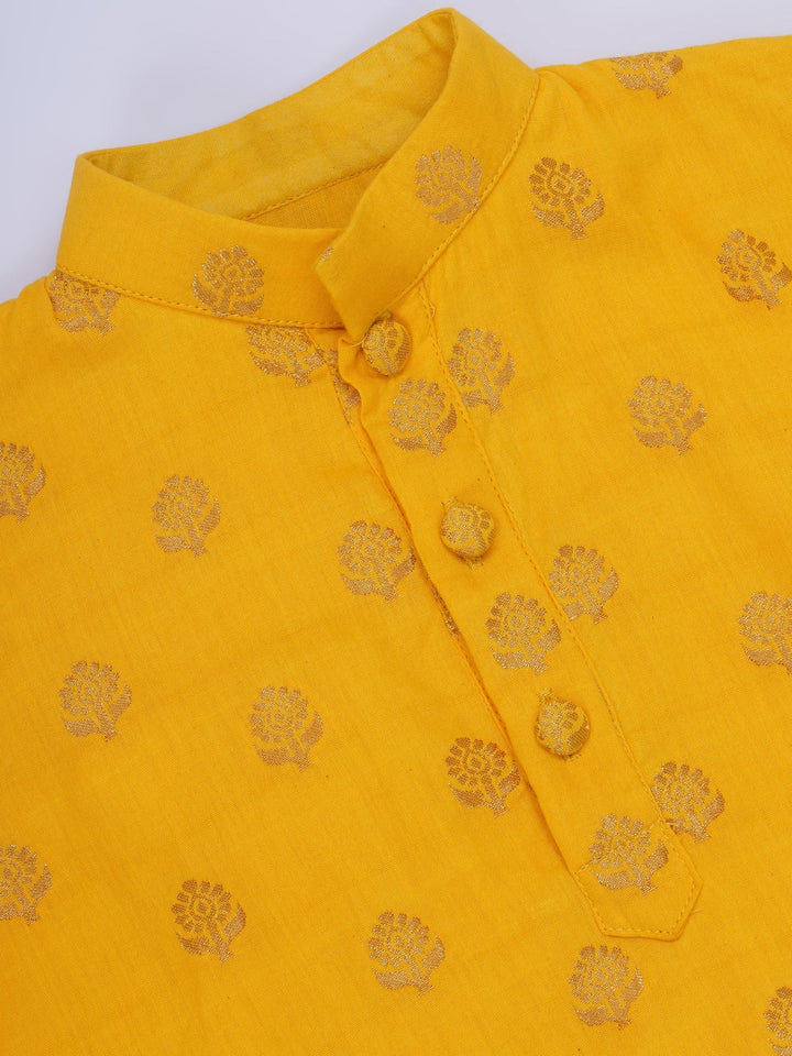 Boys Cotton Full Sleeves Kurta and Dhoti with Golden Floral Zari Work- Haldi Yellow | SHOBITAM