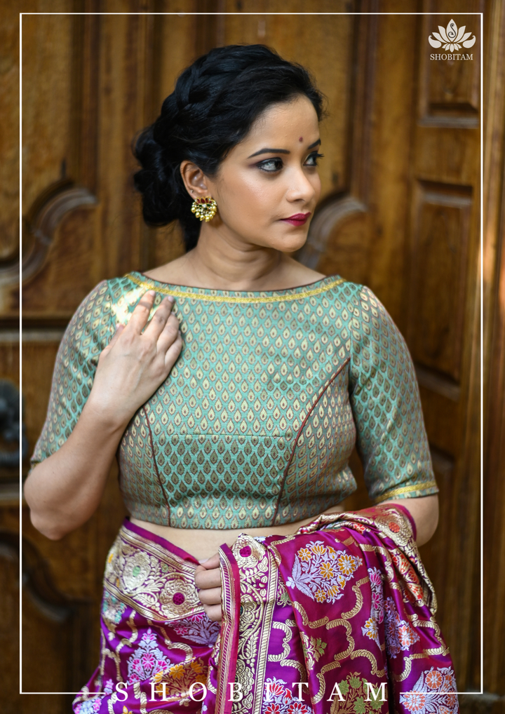 Teal Banarasi Meenakari Buti Brocade Blouse with tie back base