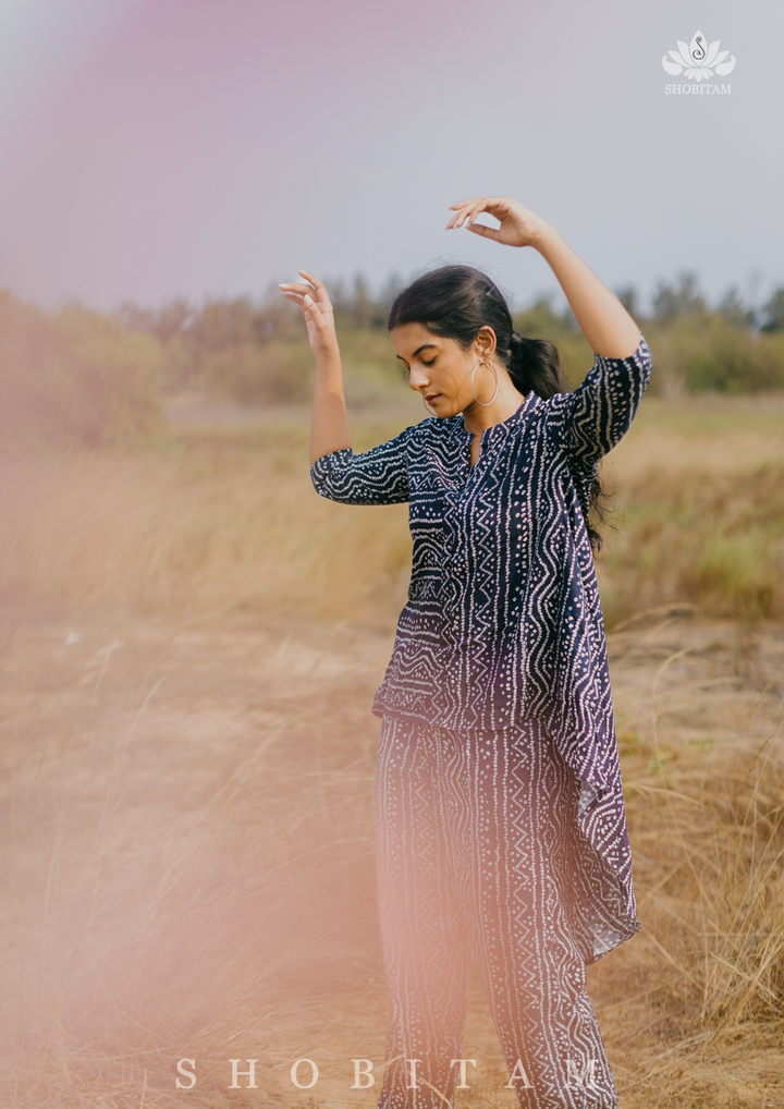 Co-ord set in Navy Blue with Bandhni Print on Rayon Cotton | Made To Order