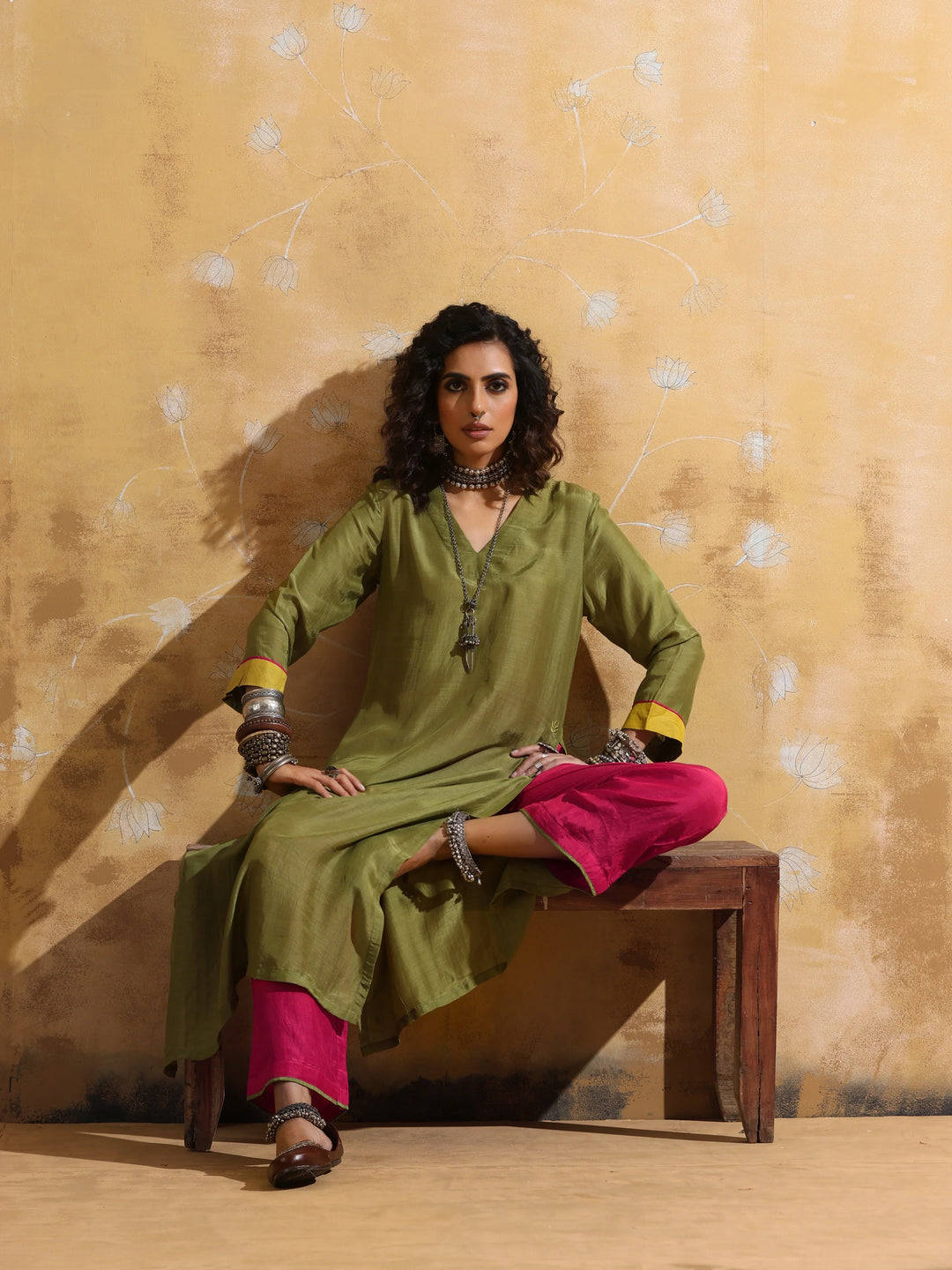 Green Muslin Silk High-Slit Kurta Pant Set  | SHOBITAM