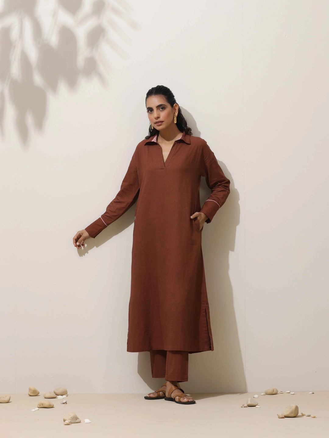 Brown Cotton Linen Kurta Pant Set | SHOBITAM