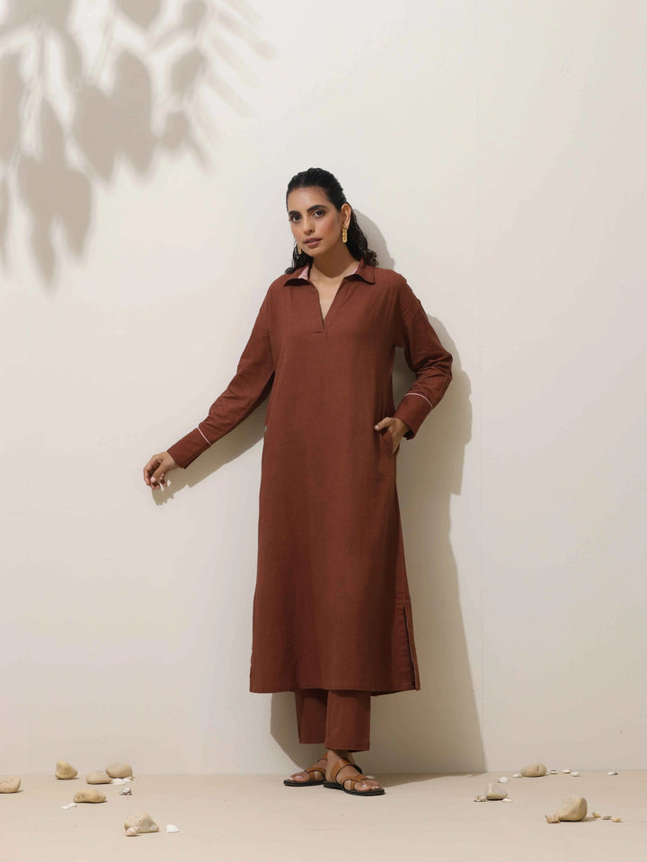Brown Cotton Linen Kurta Pant Set | SHOBITAM