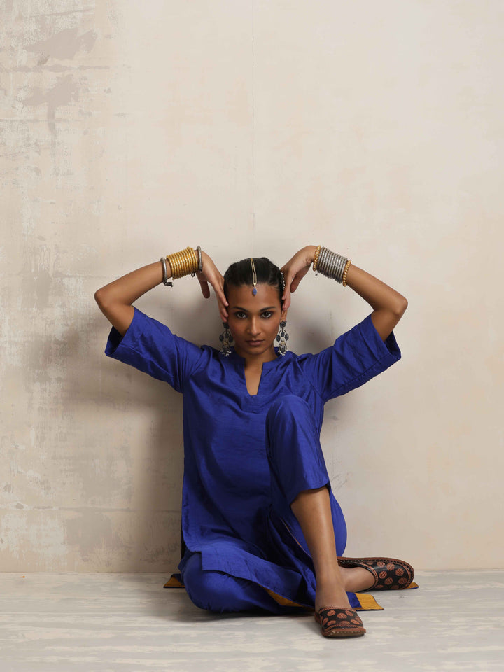 Blue Silk High Slit Kurta Set  | SHOBITAM