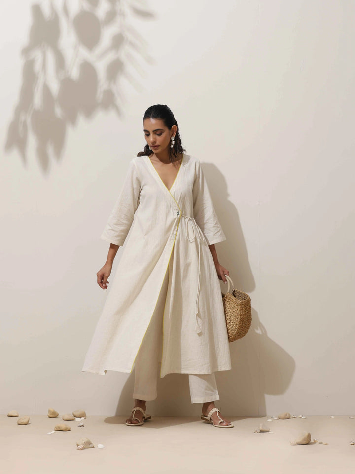 Off White Cotton Linen Angrakha Kurta Pant Set | SHOBITAM