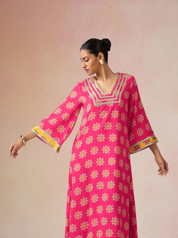 Pink Boota Print Viscose Straight Maxi Dress | SHOBITAM