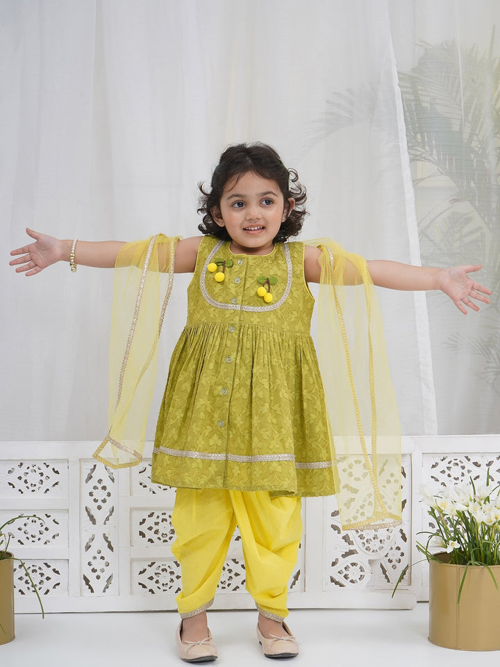 Girls Cotton Sleeveless Floral Self Weaving Kurta with Cherry Applique work and Salwar with Dupatta - Green