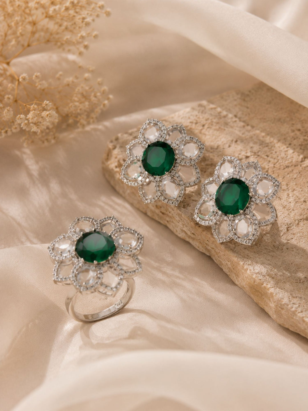 Emerald Green Floral Ring & Earrings Set | SHOBITAM