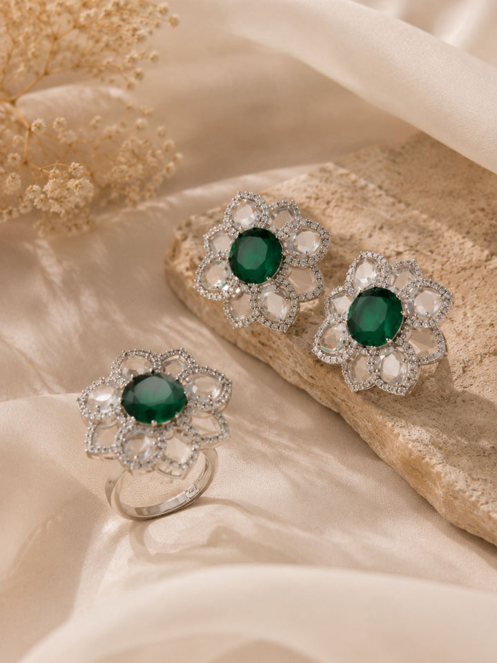 Emerald Green Floral Ring & Earrings Set | SHOBITAM