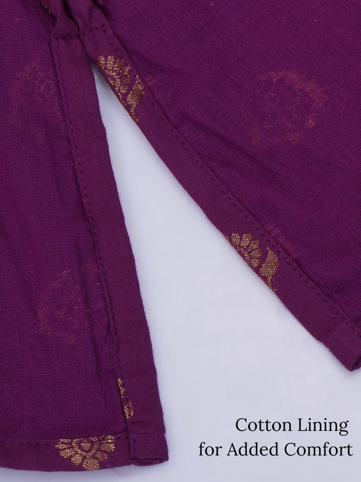 Boys Cotton Full Sleeves Kurta and Dhoti with Golden Floral Zari Work- Purple | SHOBITAM
