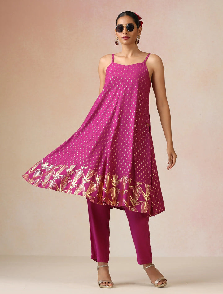 Pink Gold Foil Print Muslin Silk Flared Kurta Set| SHOBITAM