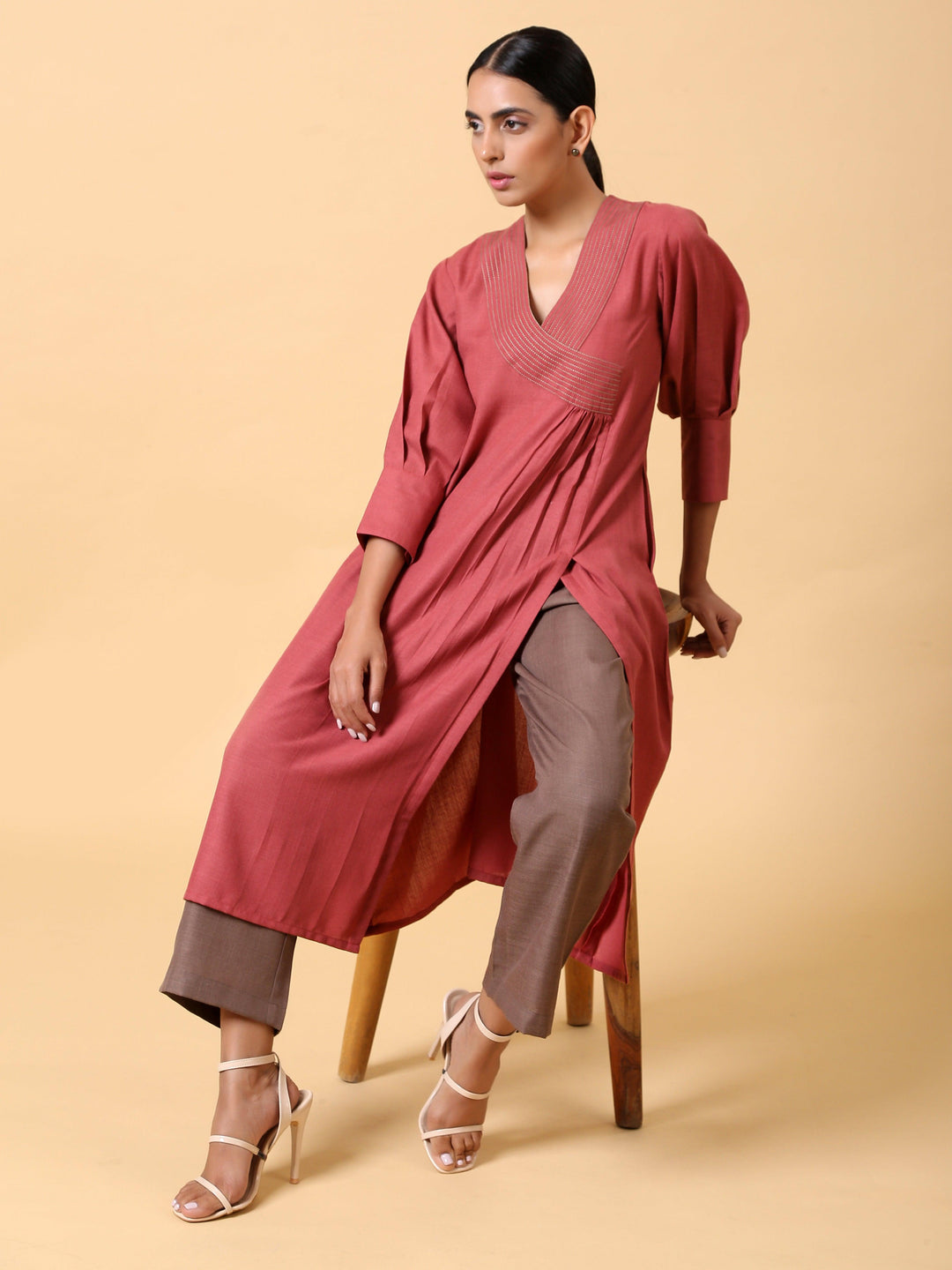Cotton Linen Rust Red Kurta Pant Set | SHOBITAM