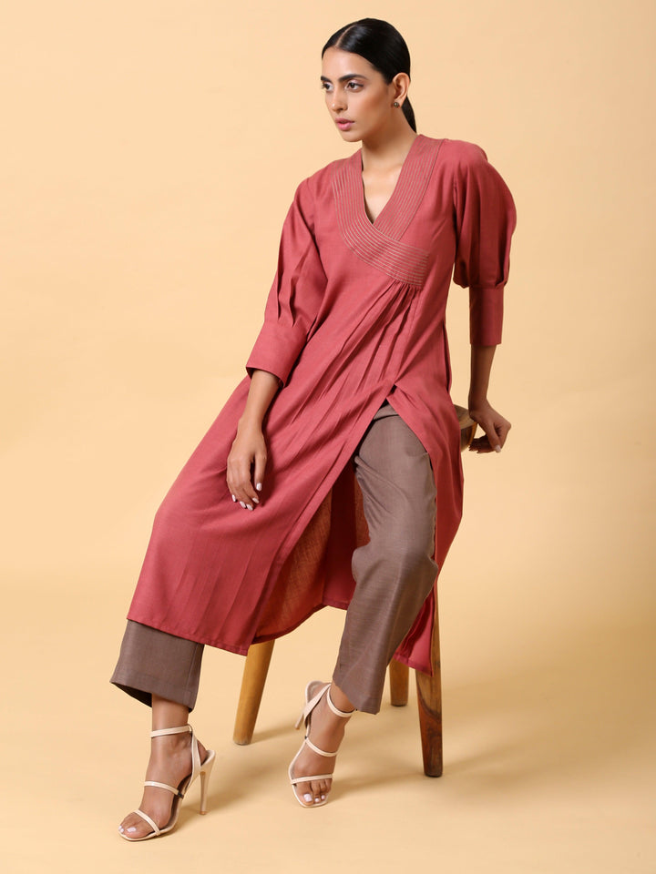 Cotton Linen Rust Red Kurta Pant Set | SHOBITAM