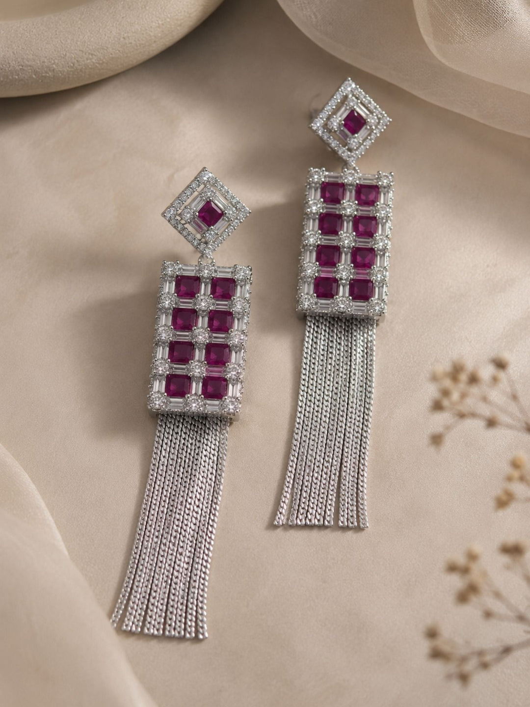 Ruby CZ Tassel Earrings in Silver Finish – Party Wear | SHOBITAM