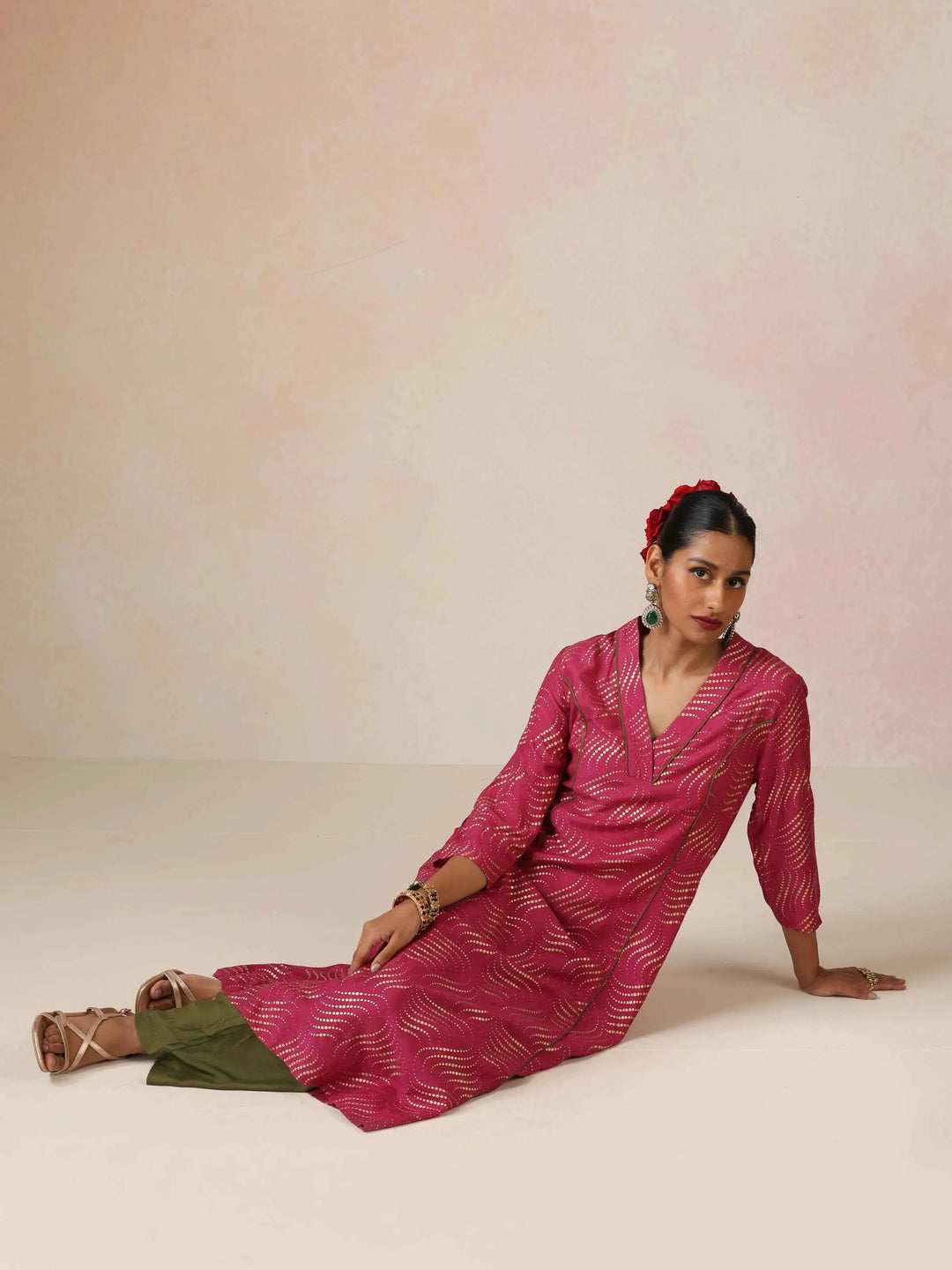 Pink Gold Foil Print Muslin Silk A-line Kurta Set | SHOBITAM