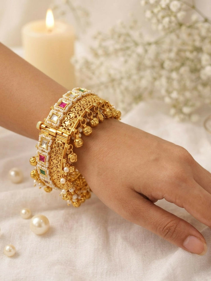 Gold Plated Polki Ghungroo Bangles | SHOBITAM