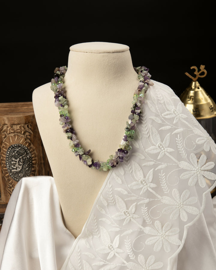 Lavanya Lehar- Natural Fluorite & Amethyst Mala with Crystals | SHOBITAM