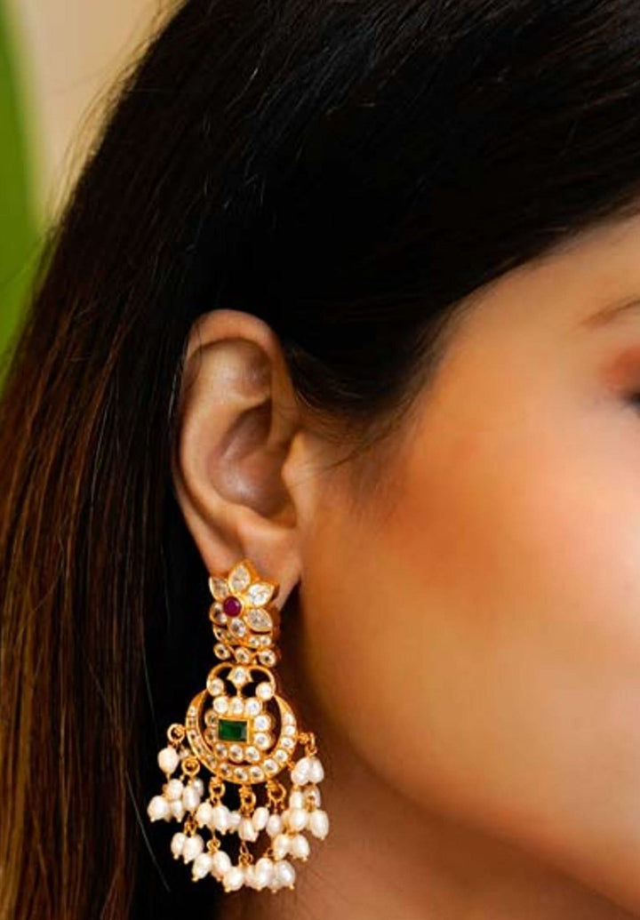 92.5 Silver 24 Kt Gold Plated 2.6" Chandbali Earrings with CZ stones and dangling beads