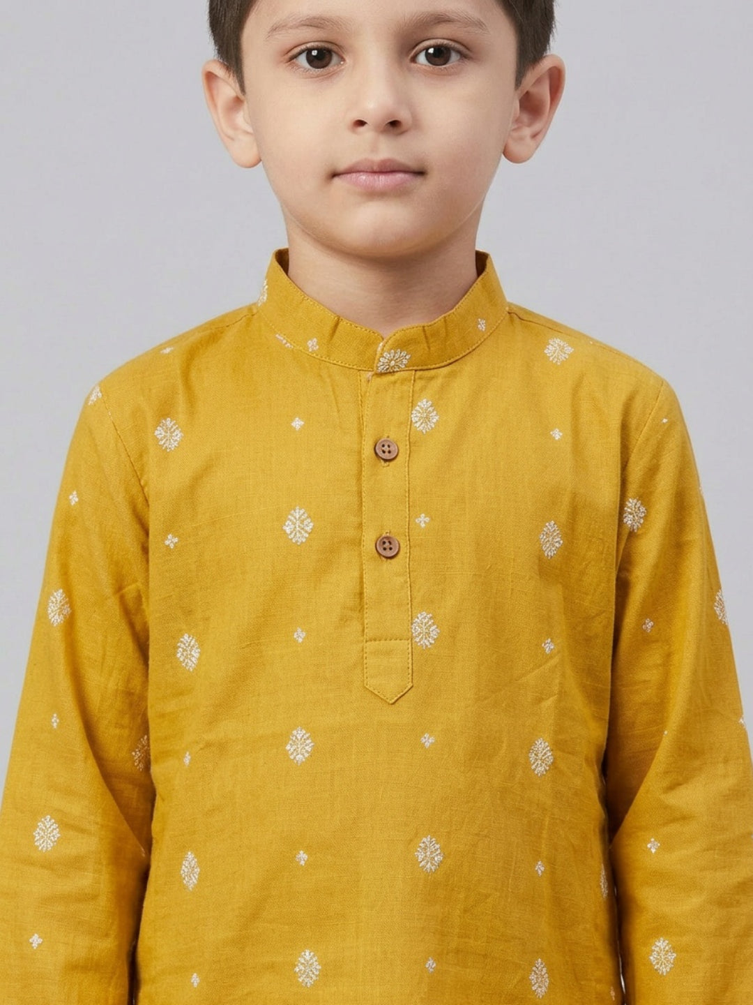 Boys Mustard Cotton Kurta Set with Buti Print | SHOBITAM