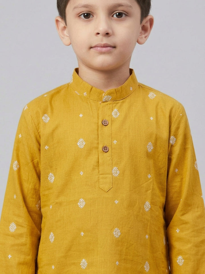 Boys Mustard Cotton Kurta Set with Buti Print | SHOBITAM