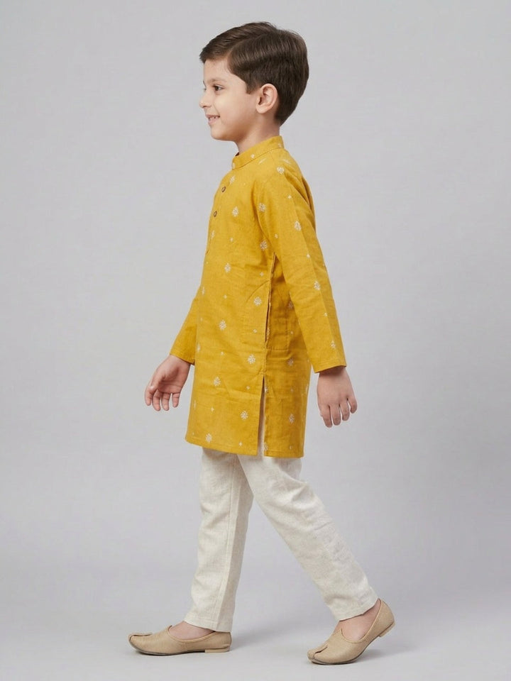 Boys Mustard Cotton Kurta Set with Buti Print | SHOBITAM