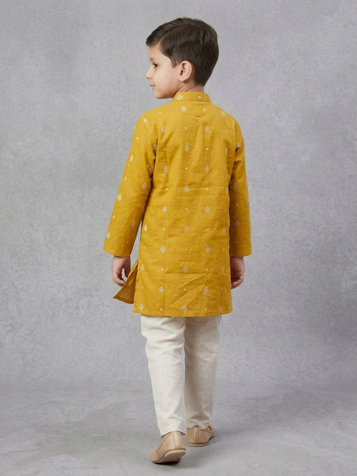Boys Mustard Cotton Kurta Set with Buti Print | SHOBITAM