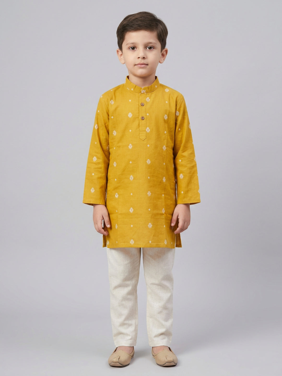 Boys Mustard Cotton Kurta Set with Buti Print | SHOBITAM