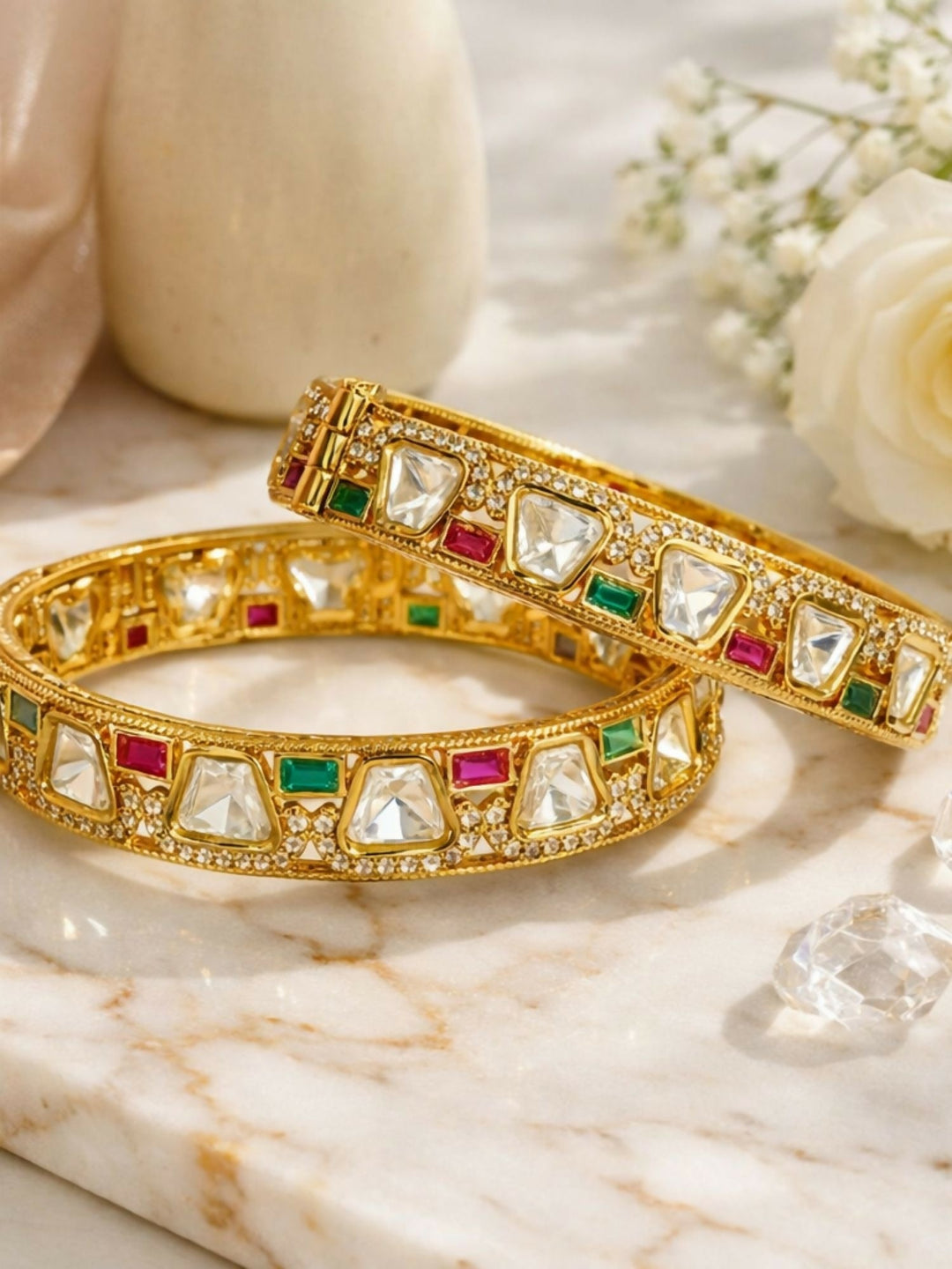 2.4 Gold Plated Multicolour Polki Moissanite Bangles | SHOBITAM