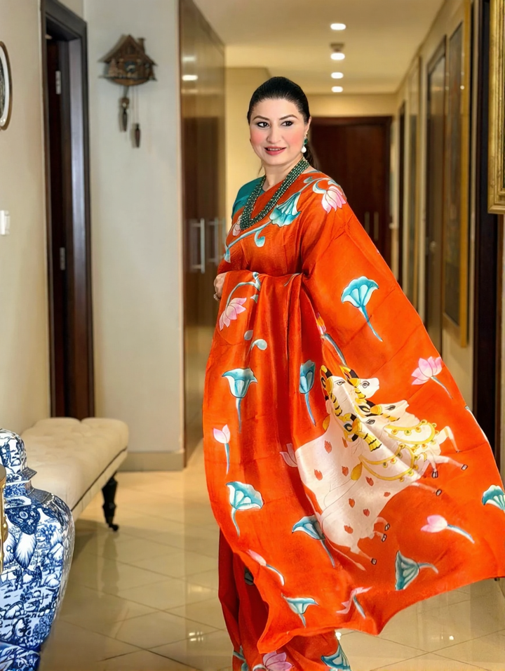 Orange Pure Handloom Silk Saree with Lotus Hand Painted and Nandi Motifs on Pallu | SILK MARK CERTIFIED