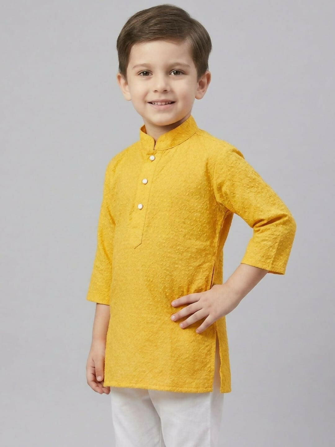 Boys Yellow Textured Kurta Pajama Set | Ethnic Wear for Kids | SHOBITAM