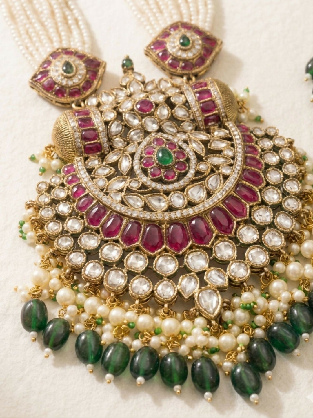 Gold Plated Long Bridal Polki Stone Necklace Set | shobitam