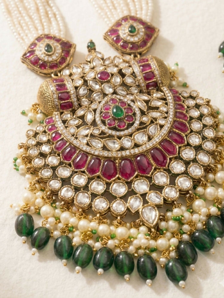 Gold Plated Long Bridal Polki Stone Necklace Set | shobitam