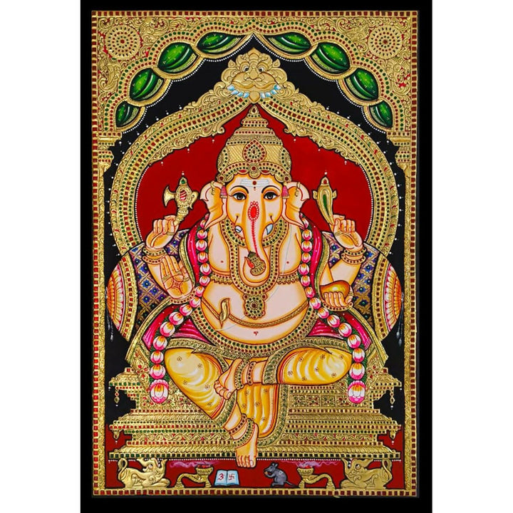 24*36 Authentic TANJORE PAINTING YELLOW DHOTHI GANESHA With 22 Ct gold Foil and Jaipur Gemstones,Unframed | SHOBITAM
