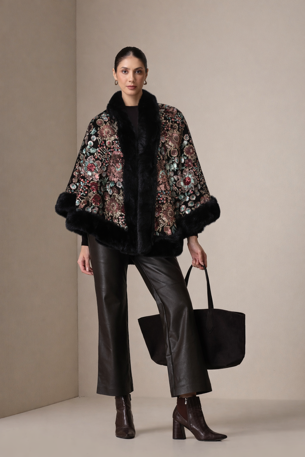 Imperial Bloom Fur-Trim Cape Wrap | SHOBITAM