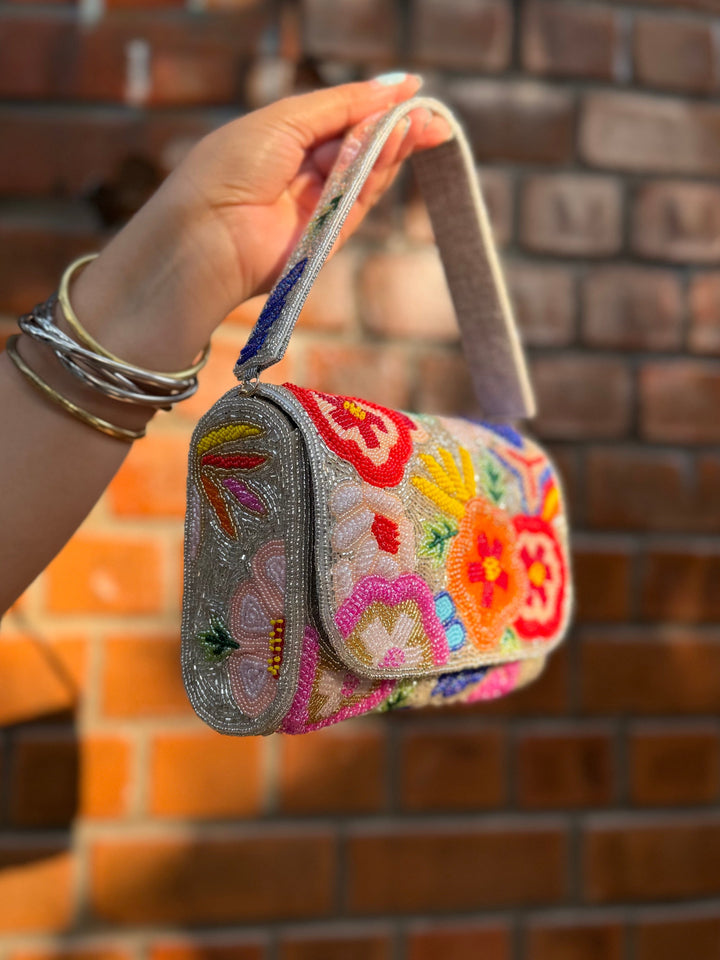 BLOOMING GARDEN - SILVER Bag with Floral Embroidery