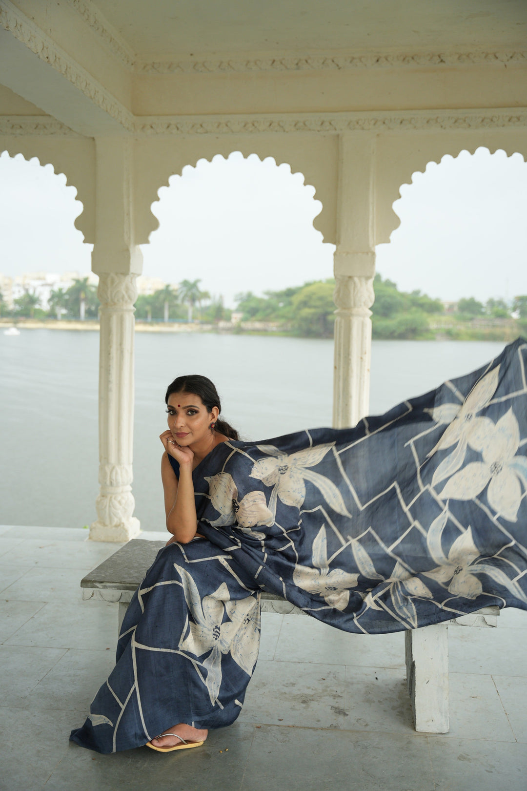 Grayish Blue Bishnupuri Silk Saree with Floral Hand Wax Batik | SILK MARK CERTIFIED