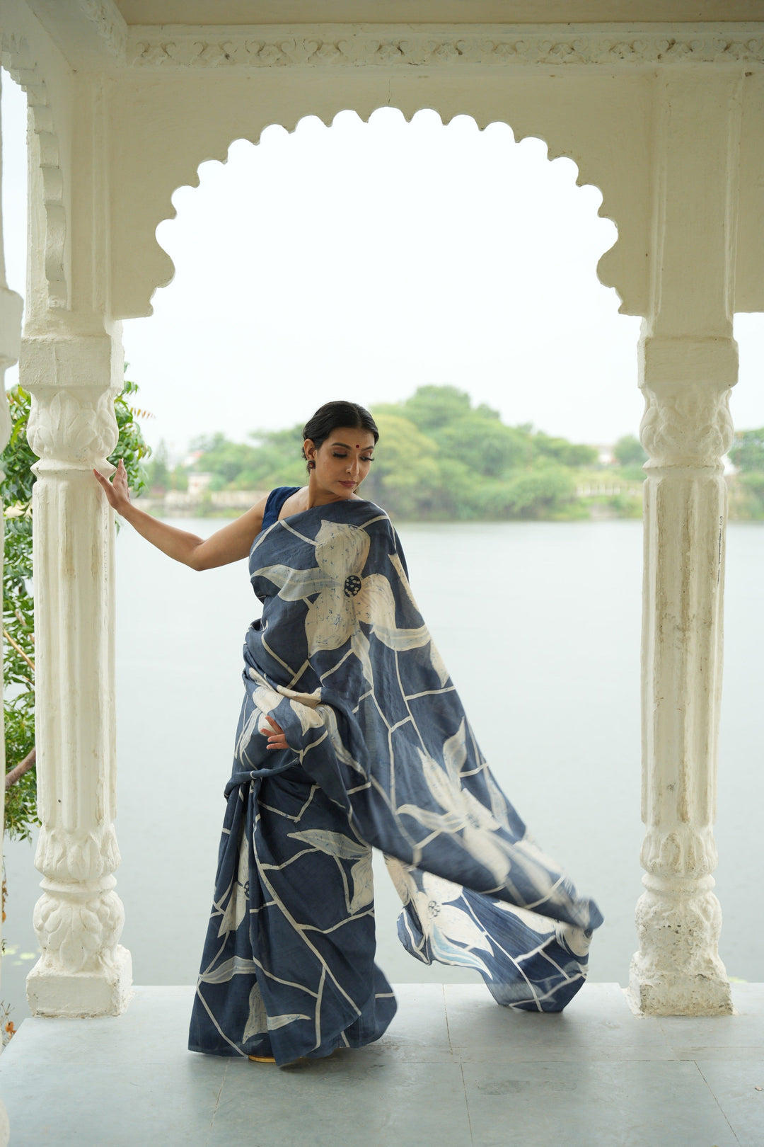 Grayish Blue Bishnupuri Silk Saree with Floral Hand Wax Batik | SILK MARK CERTIFIED
