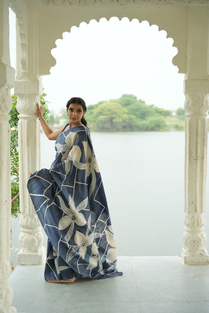 Grayish Blue Bishnupuri Silk Saree with Floral Hand Wax Batik | SILK MARK CERTIFIED