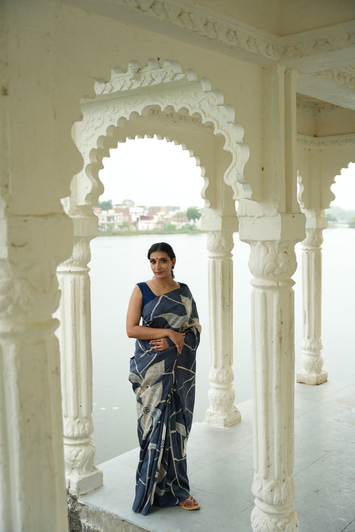 Grayish Blue Bishnupuri Silk Saree with Floral Hand Wax Batik | SILK MARK CERTIFIED