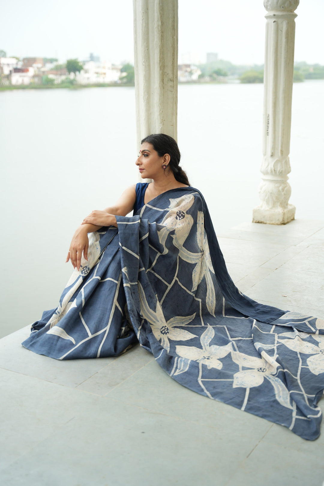 Grayish Blue Bishnupuri Silk Saree with Floral Hand Wax Batik | SILK MARK CERTIFIED