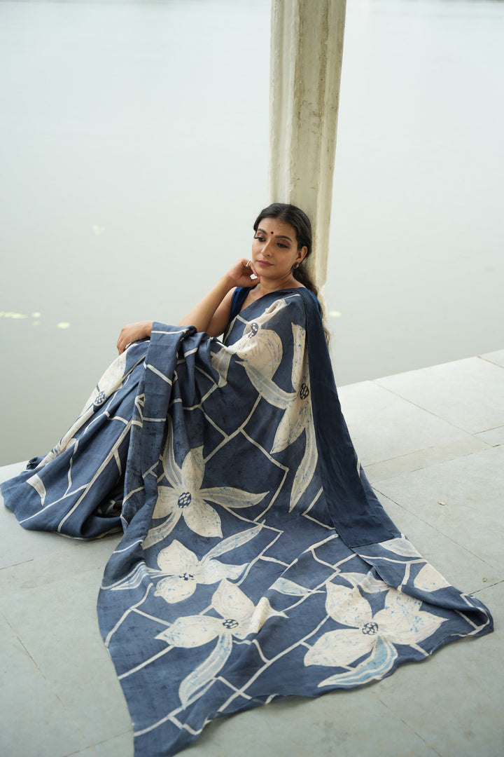 Grayish Blue Bishnupuri Silk Saree with Floral Hand Wax Batik | SILK MARK CERTIFIED